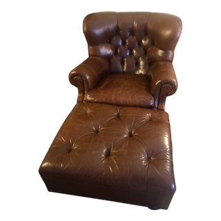 1990s Ralph Lauren Writing’s Wingback Brown Leather Chair & Ottoman For Sale