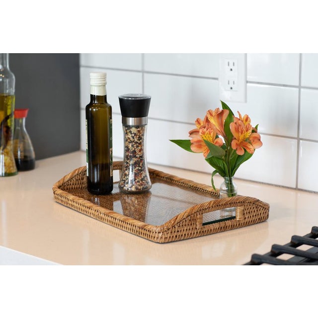 Artifacts Rattan Rectangular Serving Tray with High Handles in Honey Brown - 14" For Sale - Image 10 of 13
