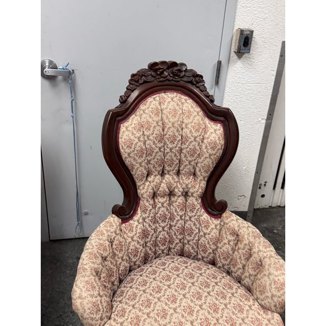 American Furniture Galleries Victorian Rococo Revival Gentleman’s + Lady’s Parlor Chairs, 1970s For Sale - Image 10 of 13