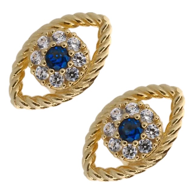 Blue Sapphire Diamond & Gold Evil Eye Stud Earrings, A Pair For Sale