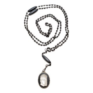 Vintage Black Beaded Wrap Necklace With Lalique Glass Cameo, 1940's For Sale