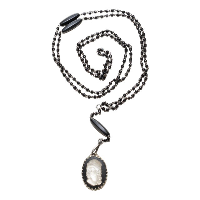 Vintage Black Beaded Wrap Necklace With Lalique Glass Cameo, 1940's For Sale