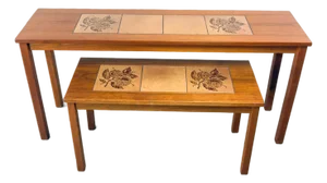 Late-20th Century Scandinavian Modern Pair of Teak Nesting Sofa Console Tables W/Tile Insert Tops