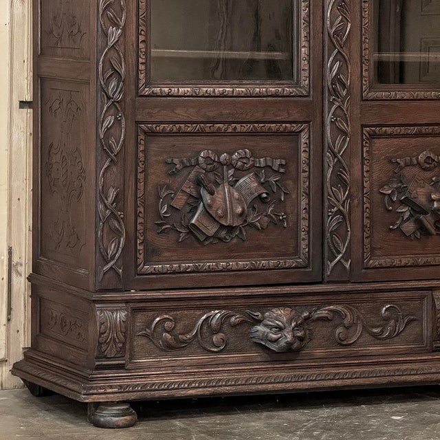 19th Century Renaissance Revival Hand-Carved Oak Triple Bookcase For Sale - Image 10 of 18