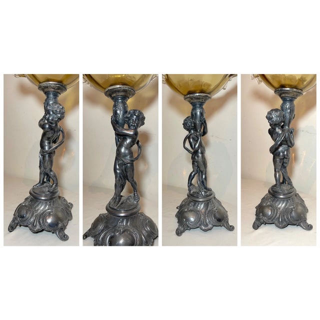 Victorian Antique Ornate Silverplate Cherub Figural Blown Glass Centerpiece Tazza Compote For Sale - Image 3 of 12
