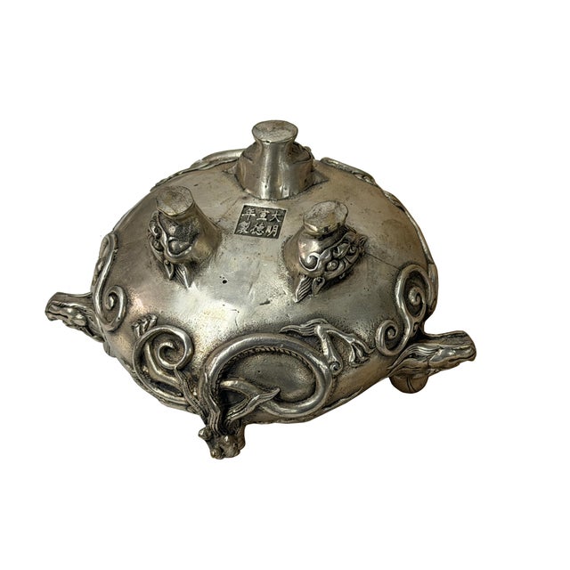 Chinese Silver Color Round Dragon Theme Incense Burner Display Art For Sale - Image 17 of 18