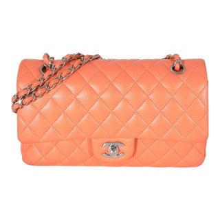 Orange Quilted Lambskin Medium Classic Double Flap Bag For Sale