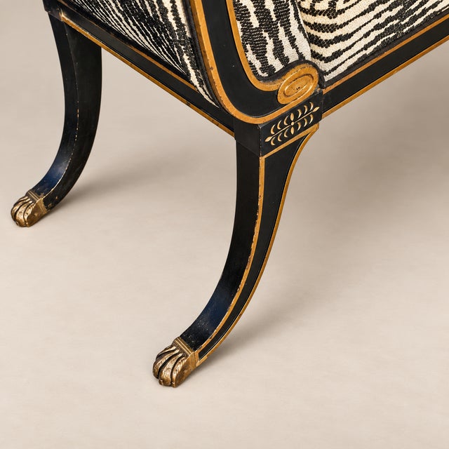 Neoclassical 1970s Maison Jansen–Style Neoclassical Ebonized and Gilt Window Settee in Castel Baobab Fabric For Sale - Image 3 of 9