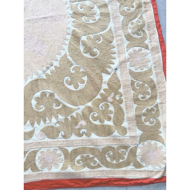 Mid-Century Modern Suzani Tablecloth - Neutral Tan Uzbek Tablecloth 4'5'' X 4'6'' For Sale - Image 3 of 9