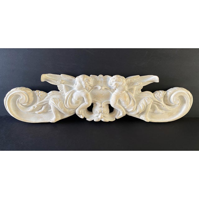 MId Century Chalkware, Baroque Over Door Pediment, Putti-Cherubs, Trumpets, Gargoyle Face 21.5" Wide For Sale - Image 4 of 18