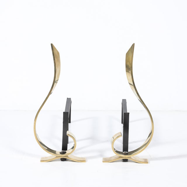 Mid-Century Modern Pair of Mid-Century Curvilinear Polished Brass Andirons With Gunmetal Fittings For Sale - Image 3 of 11