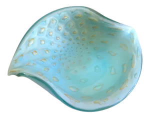 Alfredo Barbini Vintage Mid Century Modern Italy Aqua Opaline Gold Fleck Bubble Murano Art Glass Teardrop Bowl