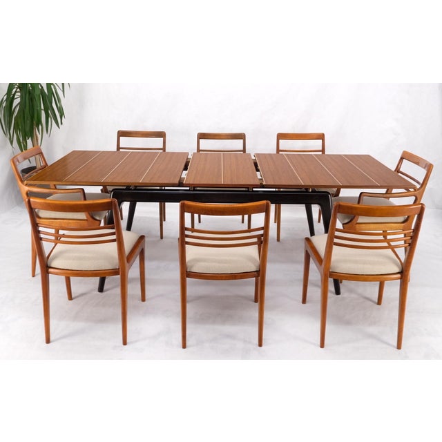 Brown Italian Mid-Century Modern Dining Table 8 Chairs Set New Linen Upholstery Seats For Sale - Image 8 of 18