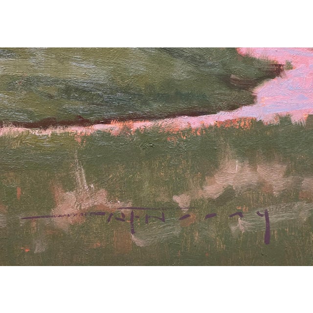 Impressionist Heaven's Blossom by Warren Neary | Oil on board Landscape with pink clouds over a field and river. For Sale - Image 3 of 5
