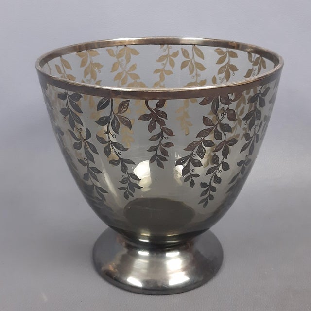 Vintage Fume Murano Glass Vase Centerpiece Cup with Silver Leaves, 1950s, in Very Good conditions. Designed 1950 to 1959...