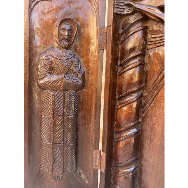 Wood French Antique Hand Carved Walnut Wood Religious Triptych or Carved Wall Sculpture Panel, 1890s For Sale - Image 7 of 18