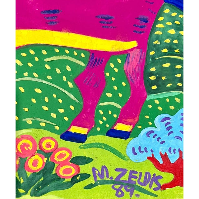 Malcah Zeldis, Malcah Zeldis Folk Art Gouache Painting Mod Bull Jewish Woman Outsider Artist, 1989 For Sale In Miami - Image 6 of 10