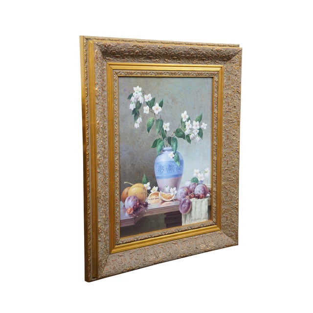 2005 oil on canvas painting titled "Still Life with a Jug" by Vasily Gribennikov. Shows an assortment of fruit on a table...