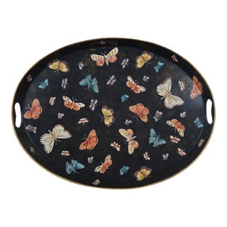 Vintage Metal Tole Black Oval Handled Butterfly Bar Vanity Serving Tray For Sale