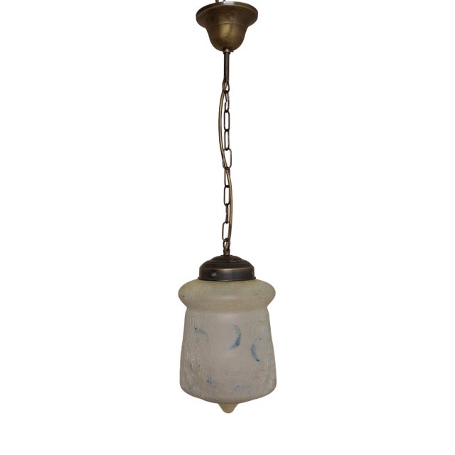 Vintage Art Deco German Ceiling Lamp with Closed Ice Glass Shade with Remains of Colored Painting on Brass Mount, 1930s For Sale