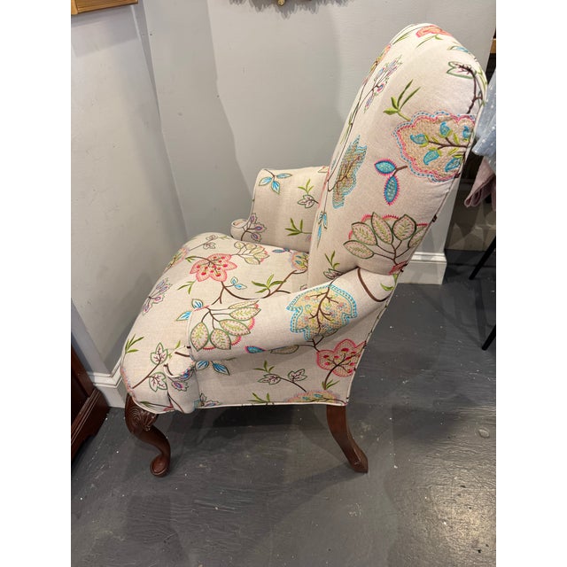 This is a vintage French chair. It has been newly reupholstered with an embroidered linen designer fabric. It has Queen...