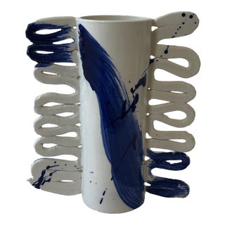 Contemporary Ceramic Cylinder Vase With Squiggle Handles- Cobalt Calligraphy For Sale