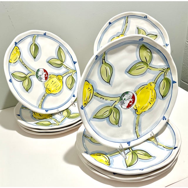 Italian Handpainted Italian Lemon Dinner Plates Blue White Citrus Dining - Set of 12 For Sale - Image 3 of 13