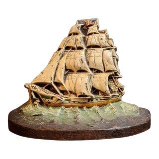 Antique Judd Co Cjo 1286 Cast Iron Sailing Ship Doorstop American Flag Painted For Sale