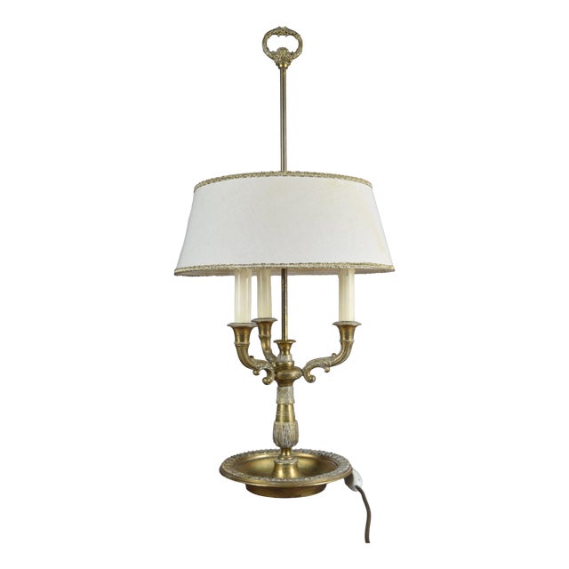 19th Century French Brass Three-Light Bouillotte Lamp with Fabric Shade For Sale
