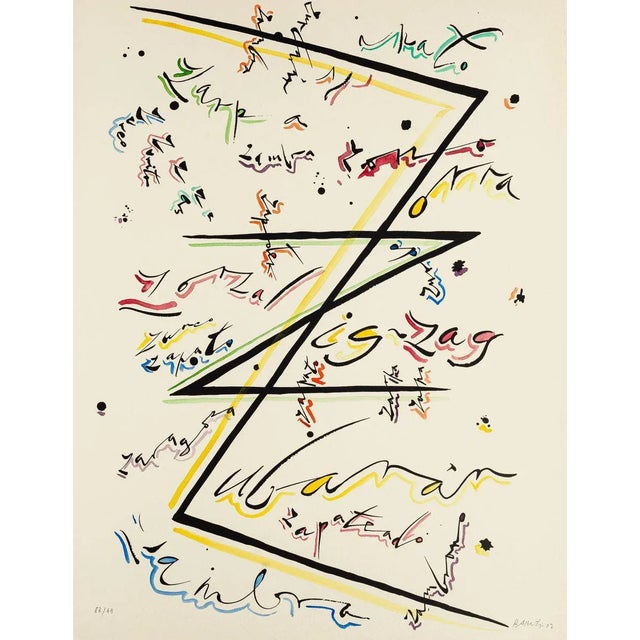 Letter z, from alphabet series, is an original hand-colored lithograph, realized by rafael alberti in 1972. Hand-signed,...
