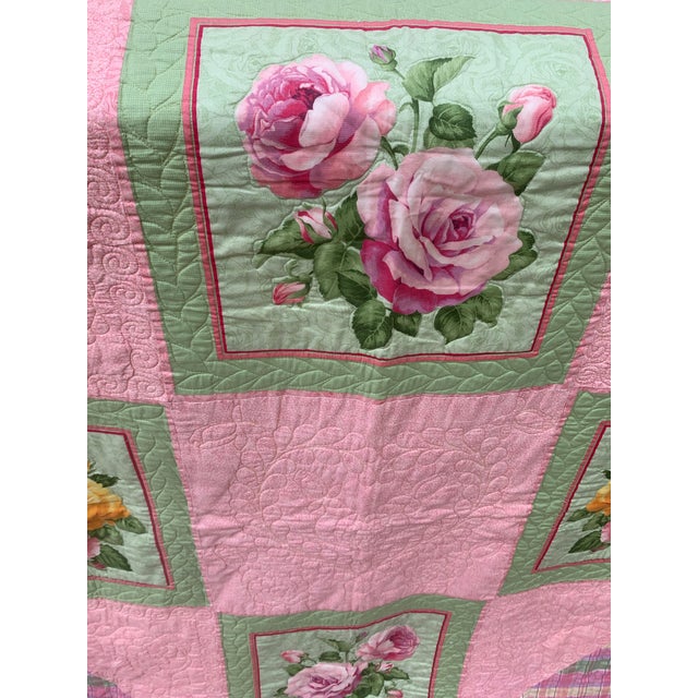 Vintage 1990’s Floral Patchwork Quilt Pink Green Yellow Roses Reversible to Pink Multi Seersucker Motifs 68” X 53” Twin For Sale - Image 4 of 12