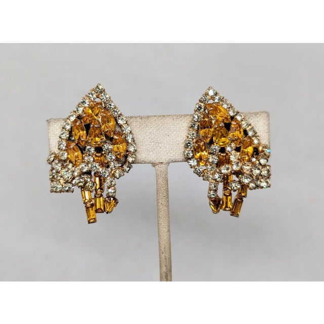 Mid-Century Modern Vintage 1950s Signed Kramer Goldtone Faux-Citrine Leaf Clip Earrings-2 Pieces For Sale - Image 3 of 8