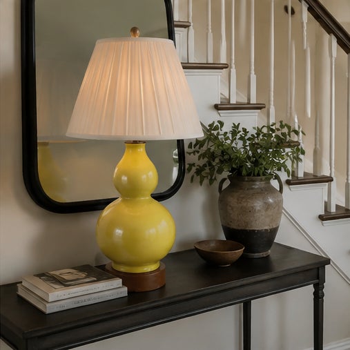 Chartreuse Chinese Monochrome Chartreuse Porcelain Double Gord Lamp With Wooden Base For Sale - Image 8 of 12