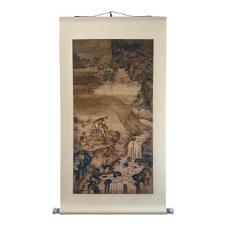 Mid 20th Century Shen Quan Landscape With Monkeys Print on Xuan Paper Scroll For Sale