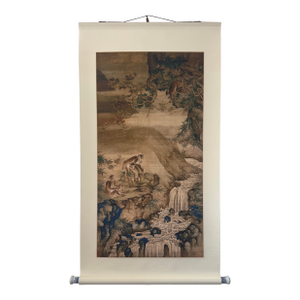 Mid 20th Century Shen Quan Landscape With Monkeys Print on Xuan Paper Scroll