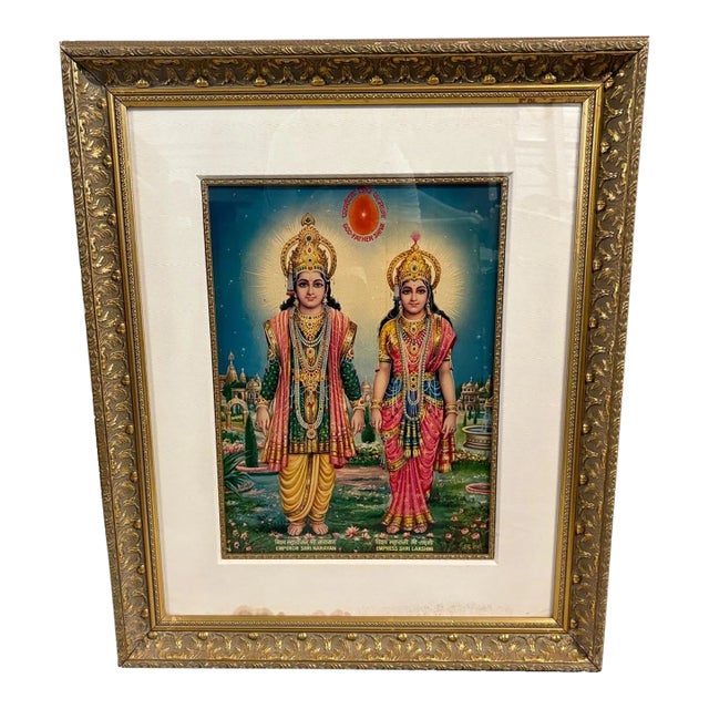 Vintage Hindu Devotional Print of Shri Narayan & Shri Lakshmi With Ornate Gilded Frame For Sale
