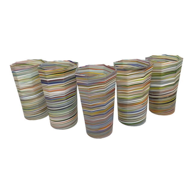 Venetian Style Hand Blown Rainbow Tall Tumbler Glasses Set of 5 For Sale