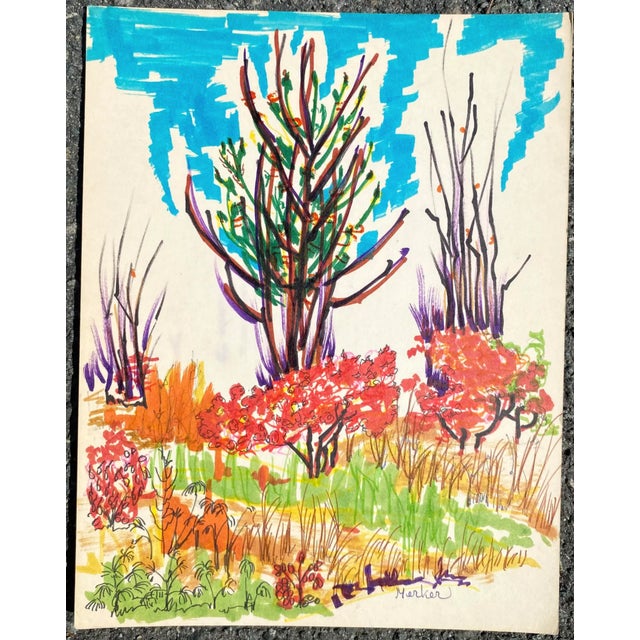 Alexandra Merker (1920-2009) MCM New England landscape on glossy heavy paper. Signed and estate stamp on back