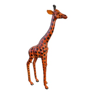 Mid-Century Wrapped Leather Hand Painted Giraffe Sculpture For Sale