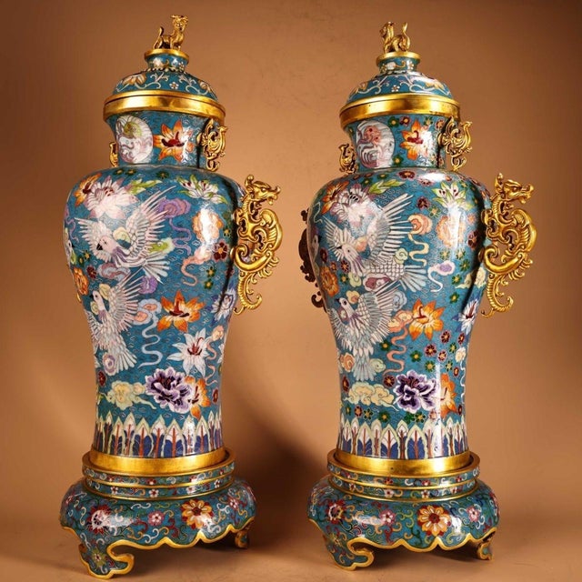 Dimensions: Height 72 cm (28.3") x Width 32 cm (12.6") Weight: 12 kg (26.5 lbs) Material: Cloisonné Enamel on Bronze (Gilt...