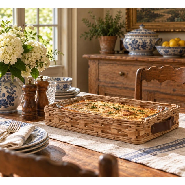 A beautifully understated vintage casserole serving basket made for Pyrex glass baking dishes, featuring a warm woven oak...