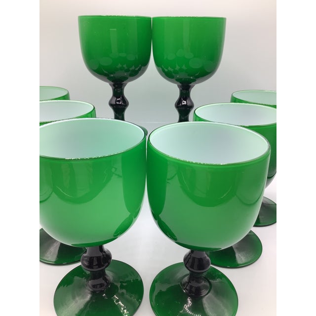 1960s Vintage Carlo Moretti Italy Green White Cased Glass Wine Water Glasses - Set of 8 For Sale - Image 5 of 7