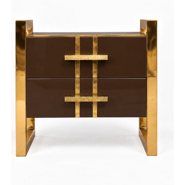 Wood Chocolate Brown Glass Bedside Cabinets with Brass Frames from Justfurnituress SRL, Set of 2 For Sale - Image 7 of 10