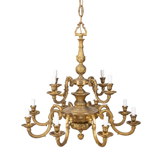 20th Century Classic Twelve-Light Gilded Bronze Chandelier, 1950s For Sale