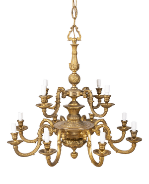 20th Century Classic Twelve-Light Gilded Bronze Chandelier, 1950s