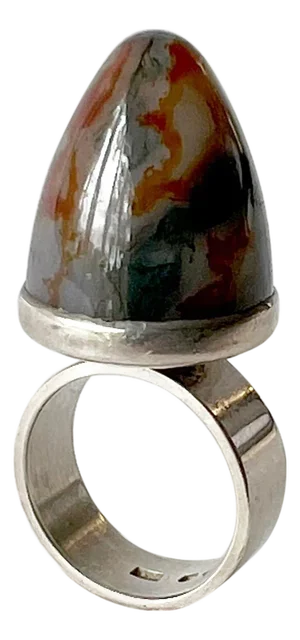 George Kaplan Ge-Kå Swedish Modernist High Domed Moss Agate Sterling Silver Ring