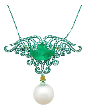 14.89 Carat Minor Oil Colombian Emerald & Green Gold Enamel Art Nouveau Necklace