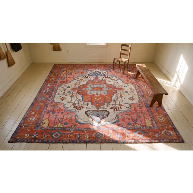 Grand Red Background Color With Cute Medallion Design Antique Persian Serapi Rug For Sale - Image 9 of 10