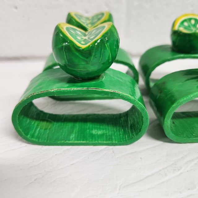 Boho Chic Vintage Lacquered Hand-Painted Papier Mâche Lime Napkin Rings, Set of 6 For Sale - Image 3 of 14