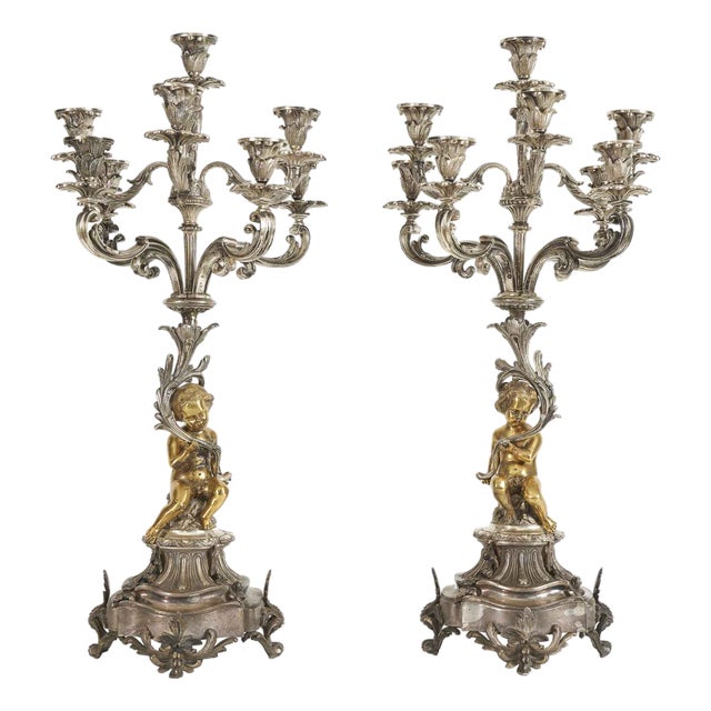 Eight-Lamp Silver and Gilded Bronze Table Candleholders, Set of 2 For Sale